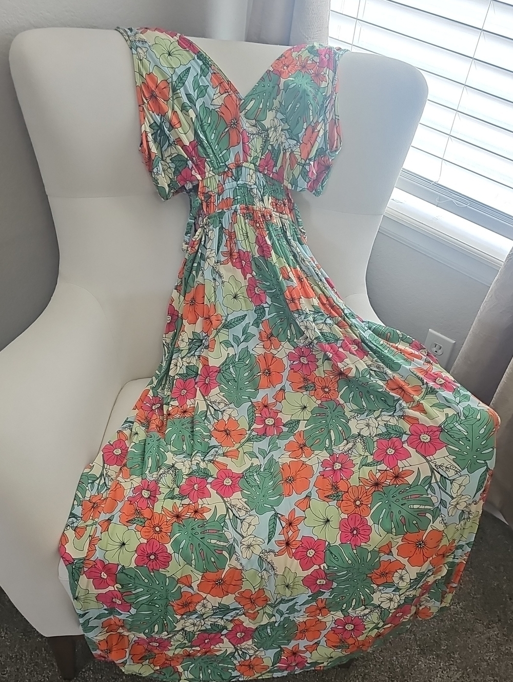 Justify Tropical Floral Maxi Dress in Green, Orange and Pink
